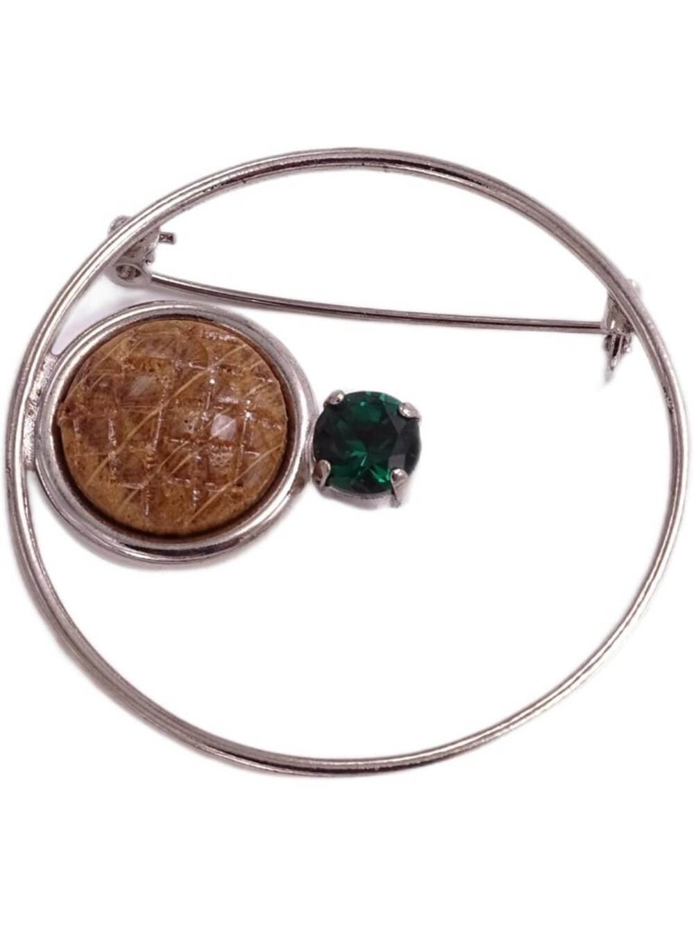 Handcrafted Silver Plated Brooch with Oak Wood Cabochon & Green Crystal Accent